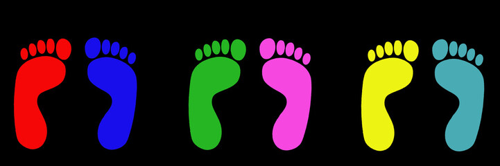 Bunte Fußabdrücke auf schwarzem Hintergrund