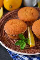 Homemade, lemon muffins with honey and mint on a concrete background
