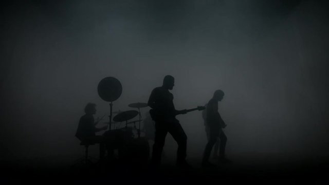 Rock music concert stage. Musical rock show. Rock music band concert. Music concert rock group. Concert musicians stage. Music band silhouette