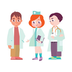 Group of children in doctor's clothes on a white background. Vector illustration in cartoon style