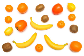 Fruit collection of banana, kiwi, mandarin, orange, persimmons and lemon isolated on white background. Flat lay, top view