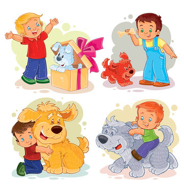 Collection of clip art illustrations of little boys and their dogs