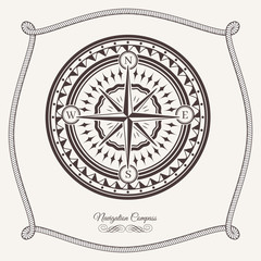 Isolated vintage old marine compass rose icon. Sea or ocean navigation. Retro cartography icon or traveler compass sign, wind rose icon with rope knot frame © nikelser