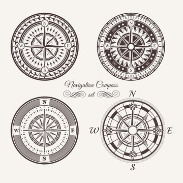 Isolated vintage or old marine compass rose icons. Sea or ocean navigation. Retro cartography icon or traveler compass sign, wind rose icon set.