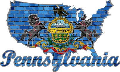 Pennsylvania on a brick wall - Illustration,
Font with the Pennsylvania flag, 
Pennsylvania map on a brick wall