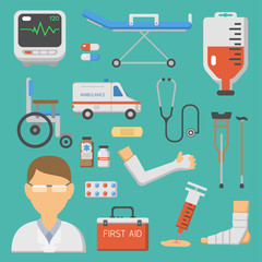 Medical icons set care ambulance hospital emergency human pharmacy vector illustration.