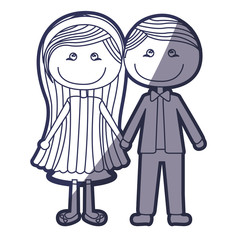 blue color contour caricature couple in suit formal with taken hands vector illustration