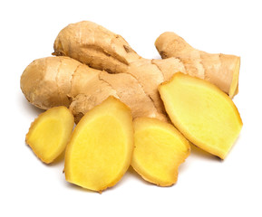 Fresh ginger root cut into cubes isolated on a white background