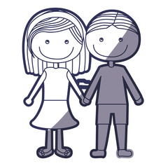 blue color contour caricature couple in suit informal with taken hands vector illustration