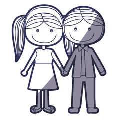 blue color contour caricature boy with formal suit and girl pigtails hairstyle with taken hands vector illustration