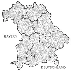 Detailed map of Bavaria (Germany) with separate municipalities, municipalities associations, subdistricts, districts, and state administrative layers. vector illustration