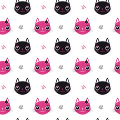 Vector illustration seamless pattern with Cartoon Face Cat