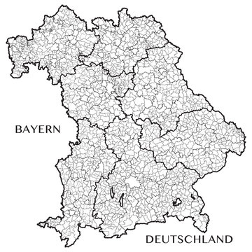 Detailed map of Bavaria (Germany) with separate municipalities, municipalities associations, subdistricts, districts, and state administrative layers. vector illustration