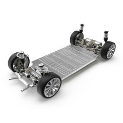 Electric car chassis with battery on white. 3D illustration - obrazy, fototapety, plakaty