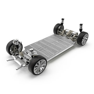 Electric car chassis with battery on white. 3D illustration