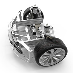 Electric Car Front Axle with new tire isolated on white. 3D illustration