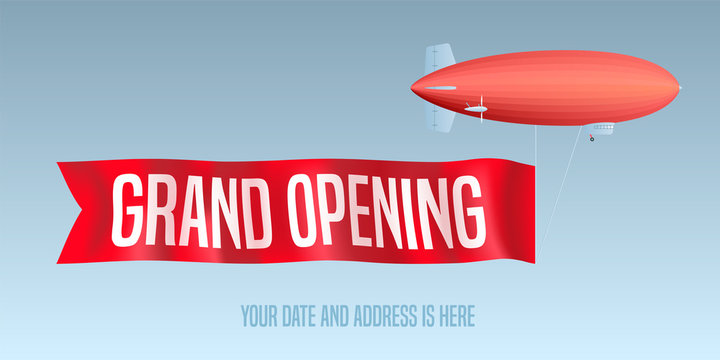 Vintage Blimp With Grand Opening Banner Vector Illustration