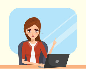 Business woman working with a laptop at office room. illustration vector of people.