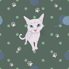 Pattern with cat. Balls of yarn, paws, circles. Vector illustration.