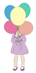 Girl with five multi-colored balloons. Vector illustration.