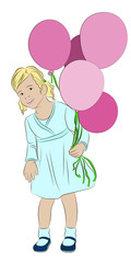 Girl with five pink balloons. Vector illustration.