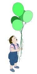 Girl with five green balloons. Vector illustration.