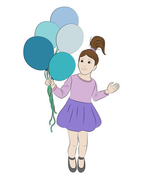 Girl with five blue balloons. Vector illustration.