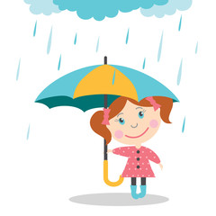 Girl with umbrella standing under the rain. Vector Illustration.