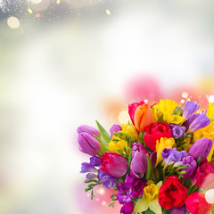 bouquet of bright spring flowers close up over gray bokeh background