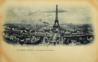 Rare vintage postcard with view on Eiffel Tower from Trocadero in Paris, France, circa 1900