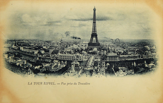 Fototapeta Rare vintage postcard with view on Eiffel Tower from Trocadero in Paris, France, circa 1900