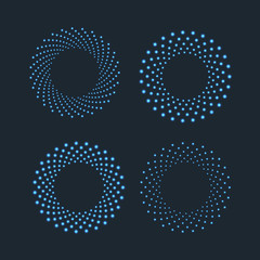 Halftone dots in circle shape. Round dotted logo design element. Black and blue lights isolated banner decoration.