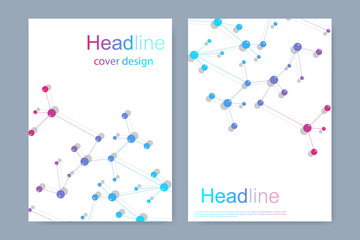 Fototapeta premium Scientific brochure design template. Vector flyer layout, Molecular structure with connected lines and dots. Scientific pattern atom DNA with elements for magazine, leaflet, cover, poster design.