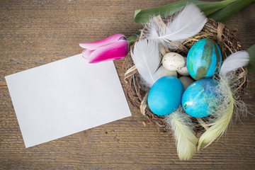 Wielkanoc-życzenia, kartka z pisankami - obrazy, fototapety, plakaty
