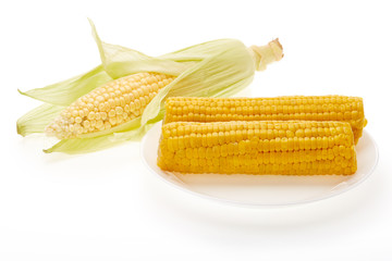 Fresh and boiled ears of corn. .
