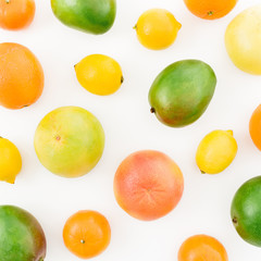 Lemon, orange, grapefruit, sweetie and tasty mango on white background. Flat lay, top view. Food background