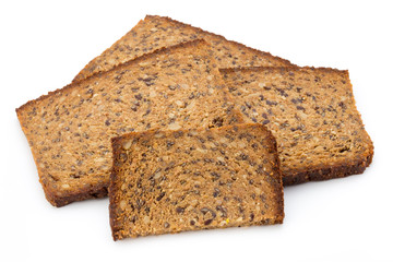 Slices of rye bread isolated on white background.