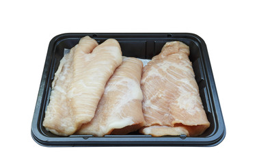 raw pork neck in black tray isolated on white background