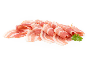 Bacon isolated on white background. Delikatese food.