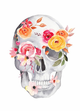 Watercolor skull with flowers