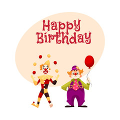Happy birthday vector greeting card, poster, banner design with Two cheerful clown on a holiday, vector cartoon comic illustration. funny comic clown holding balloon, funny faces and cheerful mood