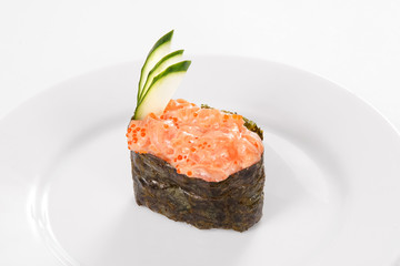 Traditional Japanese cuisine, gunkany on white background