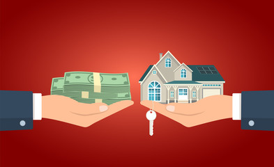 Hand giving the cash to the hand with the house and keys vector illustration. 