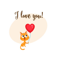 I love you greeting card, banner template with funny cat, kitten holding red heart shaped balloon, cartoon vector illustration. Cute cat holding heart balloon, love postcard, greeting card, banner