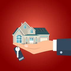 Fototapeta na wymiar Hand holding the key for rent and the house figurine vector illustration. 