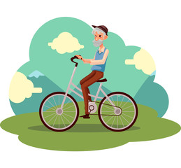 Old, elder bearded man in vest and hat riding a bicycle, cycling, cartoon vector illustration. Full length, side view portrait of retired man riding a bicycle, cycling in countryside,