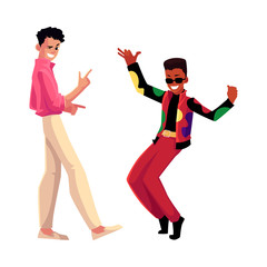 Two men, guys, Caucasian and black, in 1980s style clothes dancing disco, cartoon vector illustration isolated on white background. Men, friends in 80s style clothing dancing at retro disco party