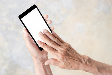 older person, hand holding and touch smart phone with blank white screen