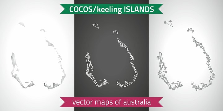 Cocos (Keeling) Islands  set of grey and silver mosaic 3d polygonal maps. Graphic vector triangle geometry outline shadow perspective maps