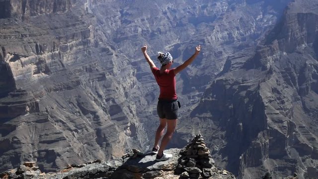 Young woman raising arms in victory standing on rock near canyon
